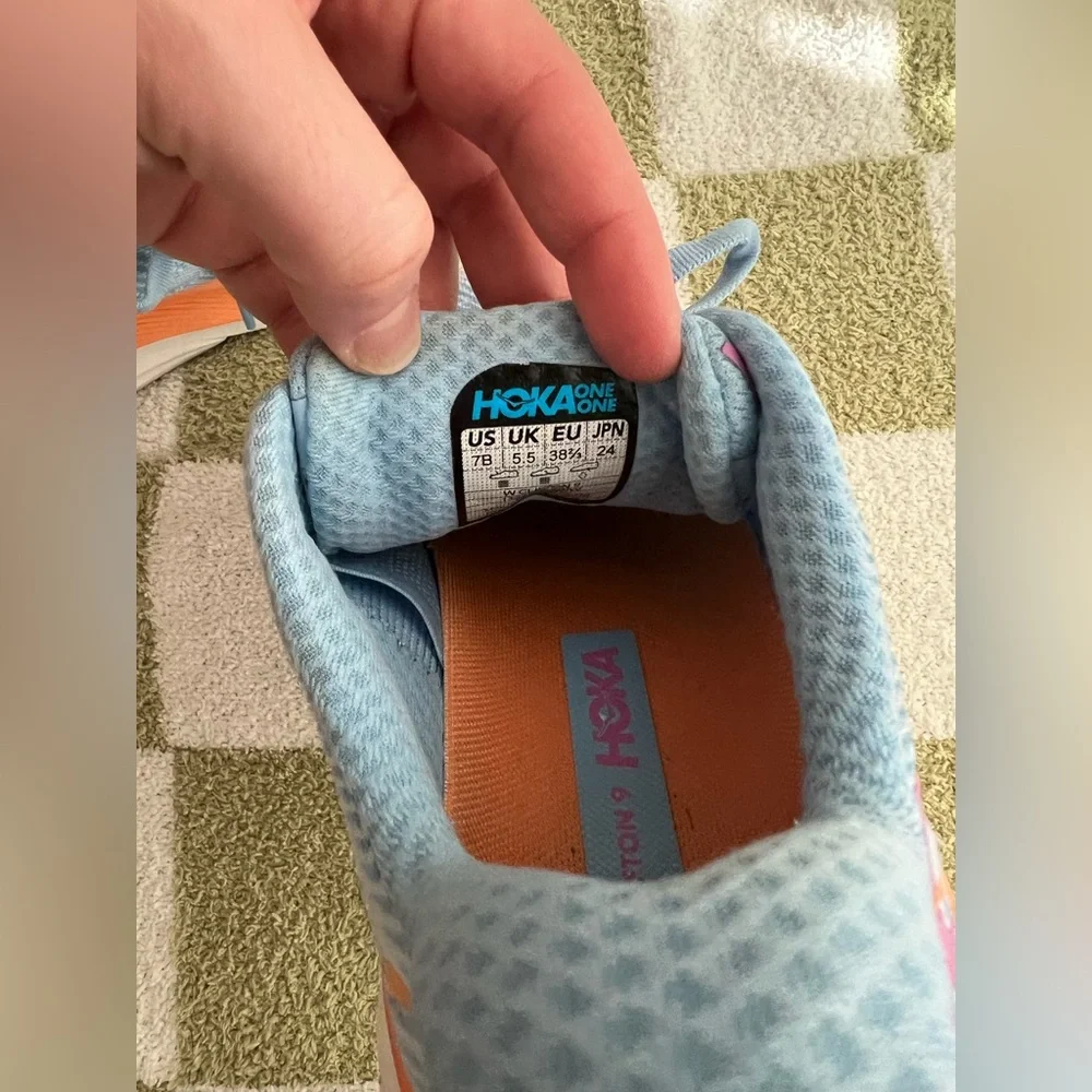 Hoka Clifton 9 Light Blue and Orange Athletic Running Shoes - Picture 5 of 7